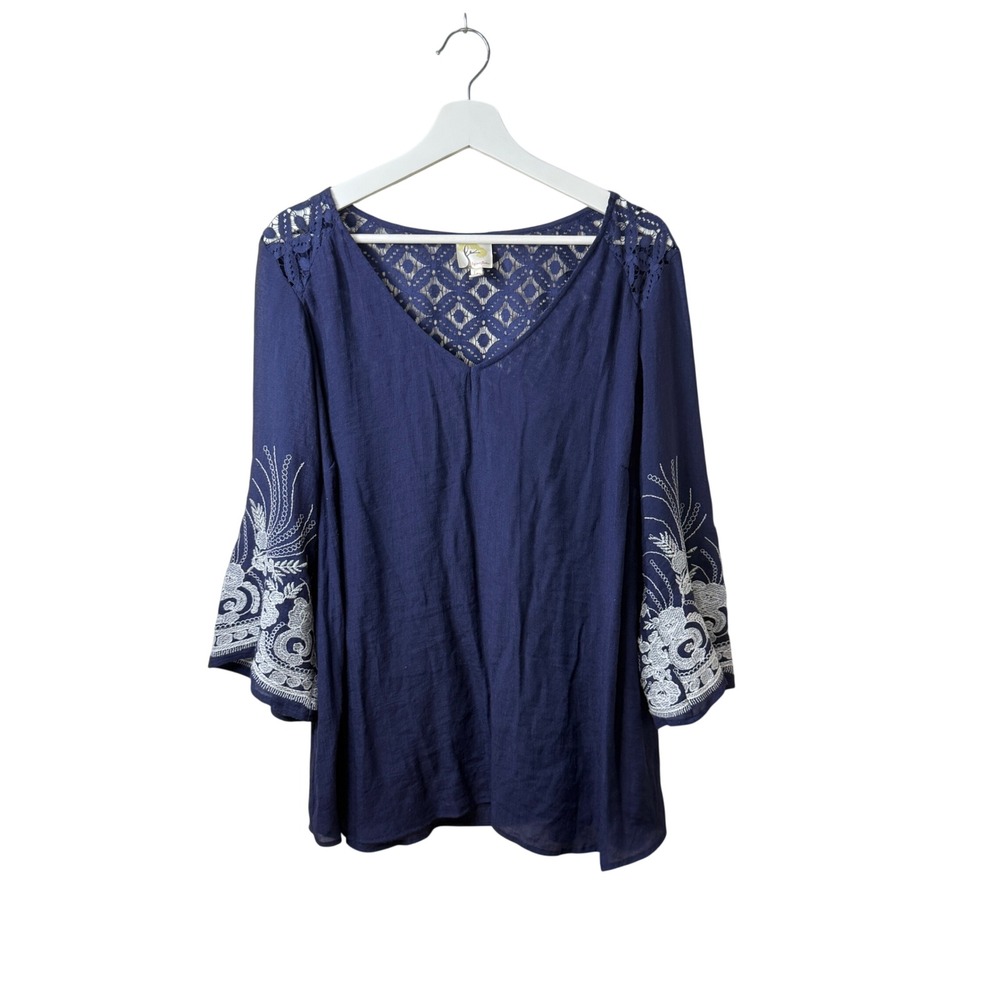 Fig and Flower Navy Blue Embroidered Bell Sleeve Crochet Lace Yoke Tunic Top 1X